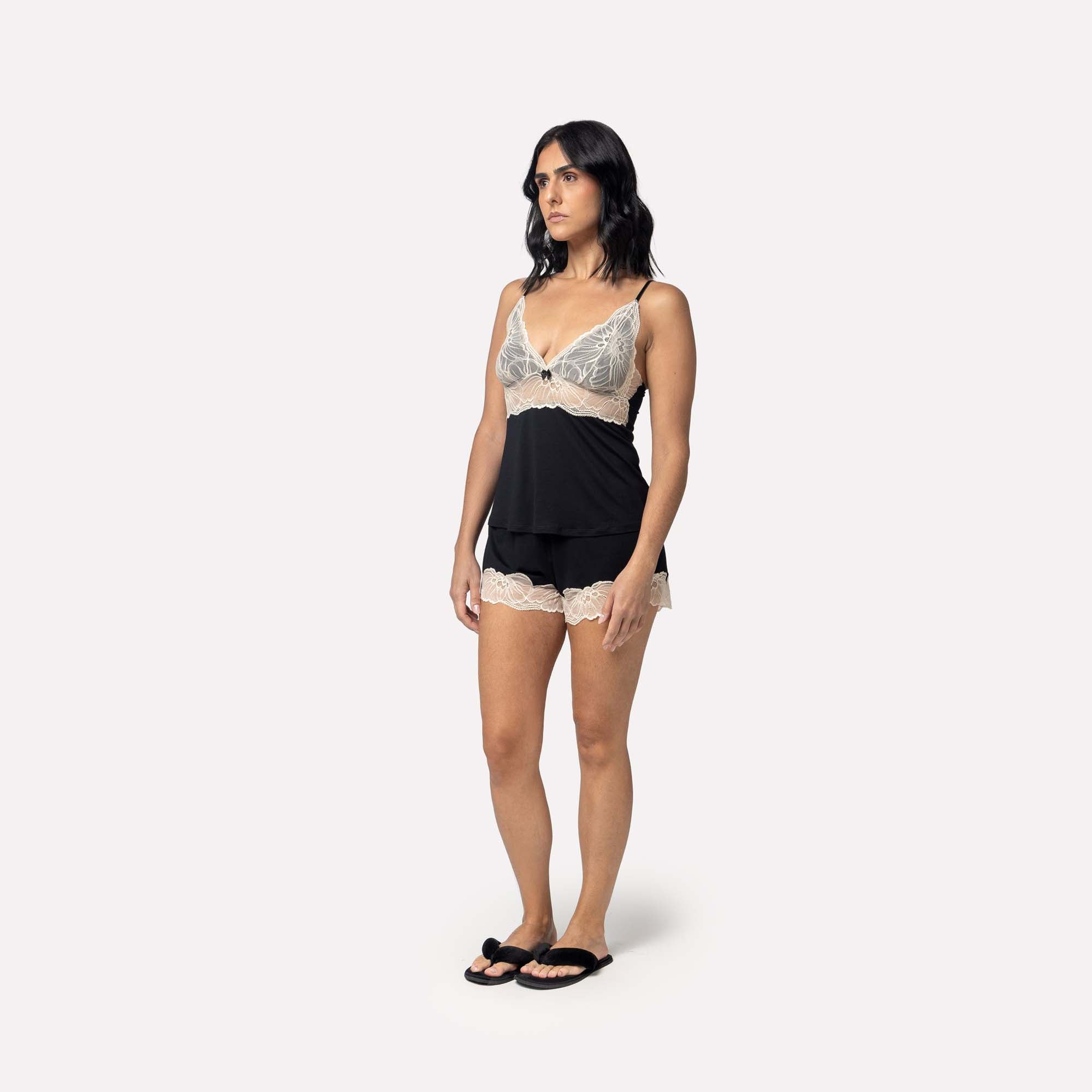 Short Doll de Alça Preto com Renda Off White