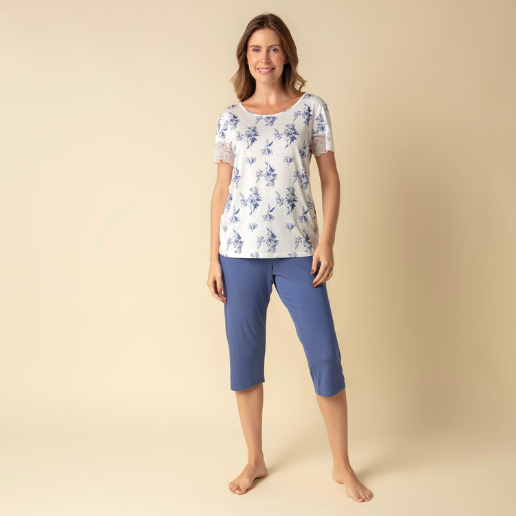 Pijama Feminino Capri Azul Orquídeas