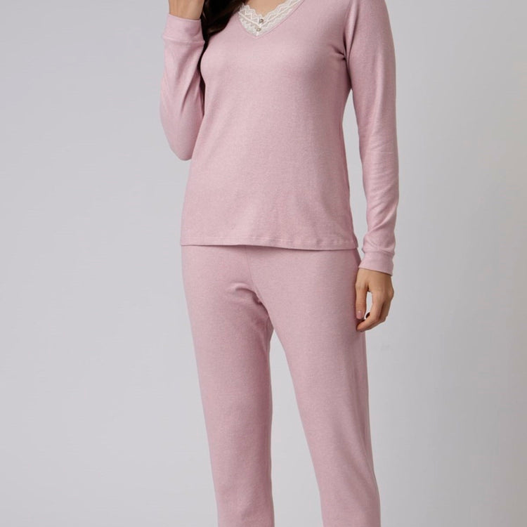 Pijama Feminino Longo Cashmere Rosa com Renda