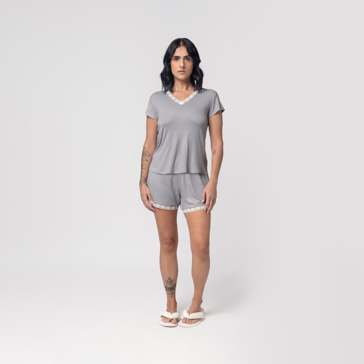 Pijama Feminino Curto New Gris com Renda