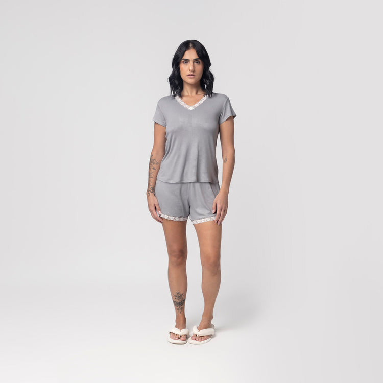 Pijama Feminino Curto New Gris com Renda