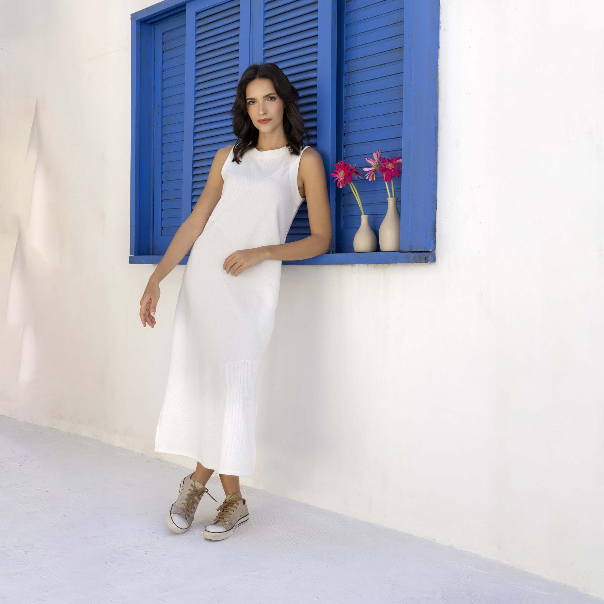 Vestido Midi Piquet Canelado Off White