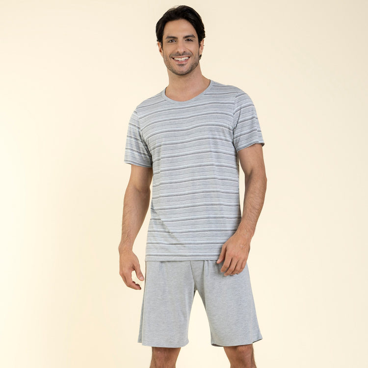 Pijama Masculino Curto Visco Listrado Mescla Claro