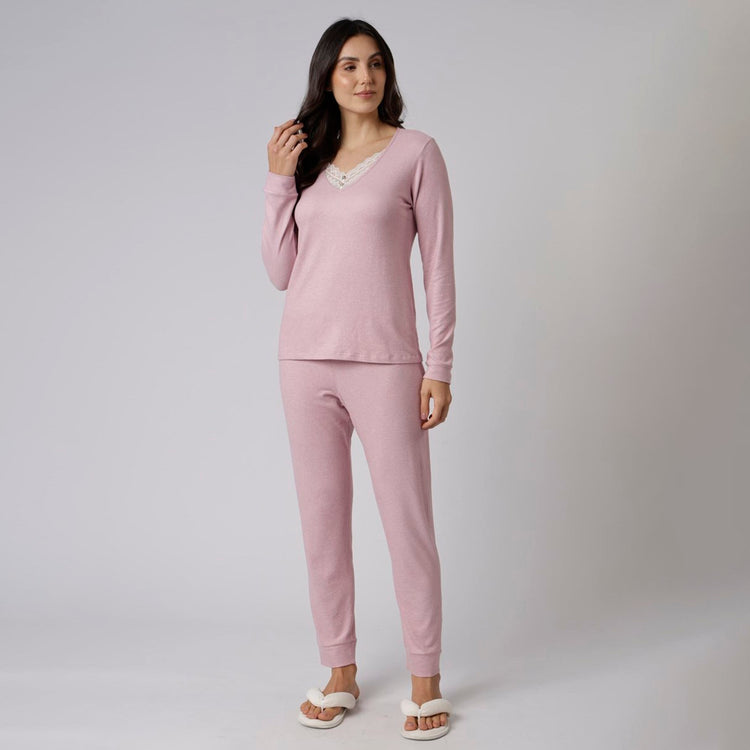 Pijama Feminino Longo Cashmere Rosa com Renda