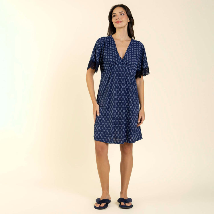 Kaftan Feminino Curto Poliamida Gravataria Marinho com Renda