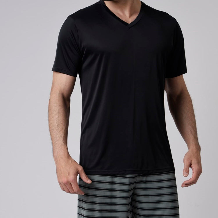 Pijama Masculino Curto Preto e Listrado Verde Teos