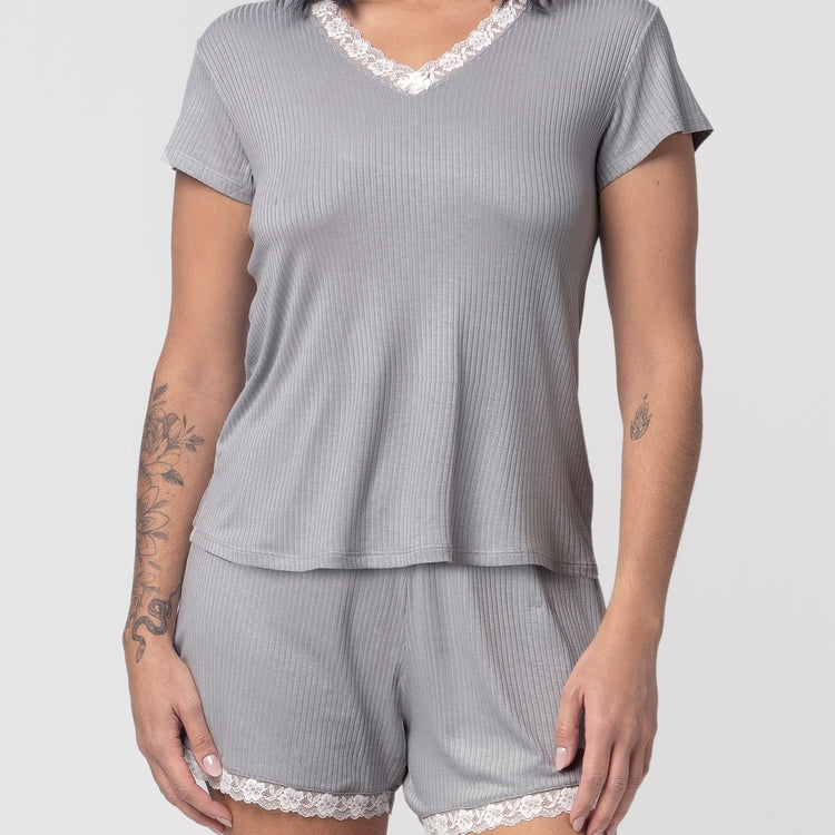 Pijama Feminino Curto New Gris com Renda