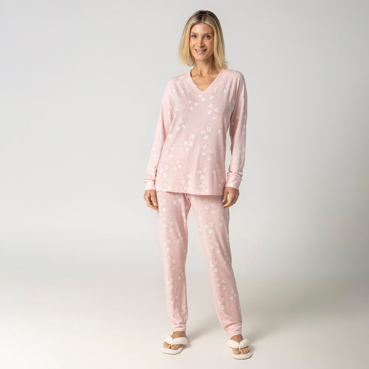 Pijama Feminino Longo Rosa Folliage