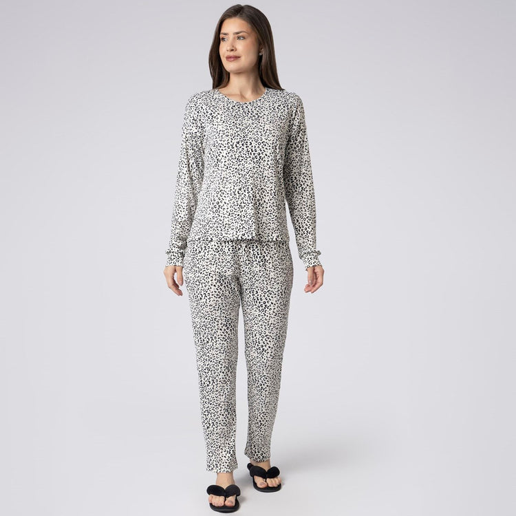 Pijama Feminino Longo Onça Preto e Branco