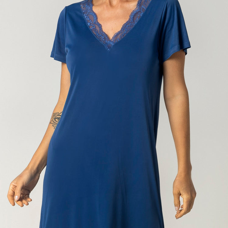 Camisão Feminino Midi Azul Atalaia com Renda