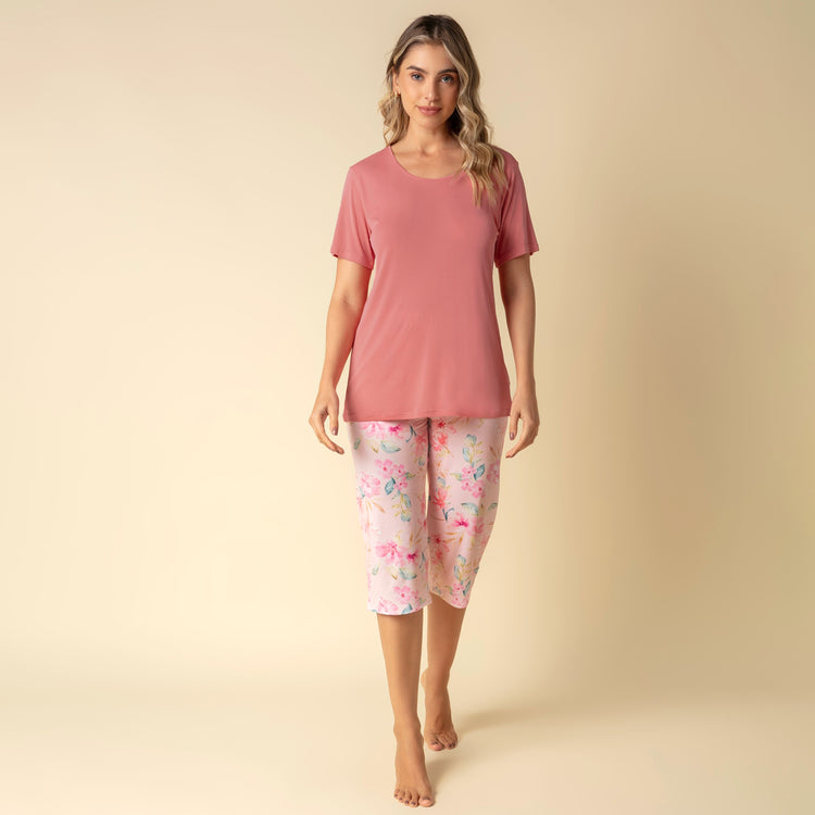 Pijama Feminino Capri Rosa Floral Bisol