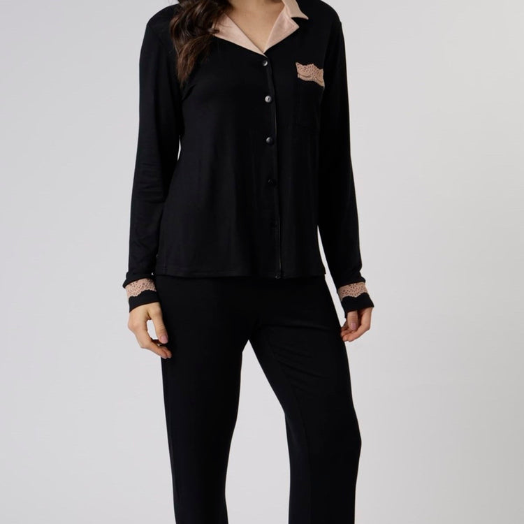 Pijama Feminino Aberto em Visco Maquinetada Preto
