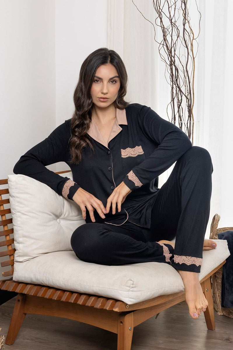 Pijama Feminino Aberto em Visco Maquinetada Preto