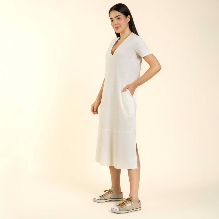 Vestido Midi com Bolso Bege Natural