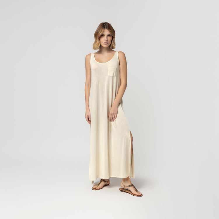 Vestido Midi Regata Bege com Fenda