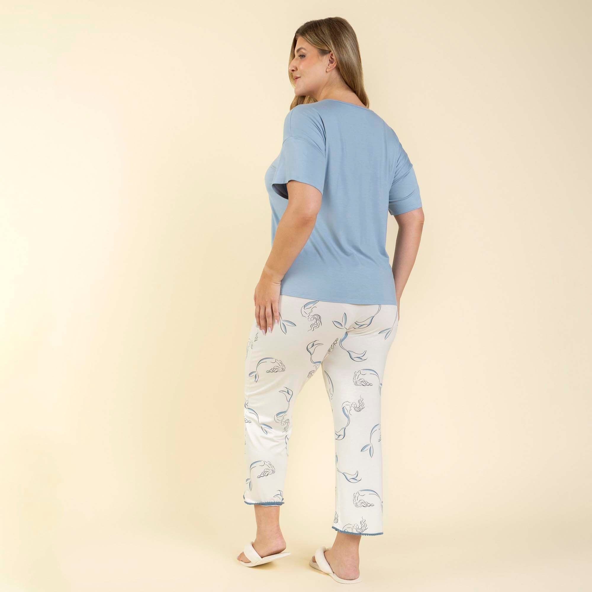 Pijama Feminino Pantacourt Plus Size Azul Sereia