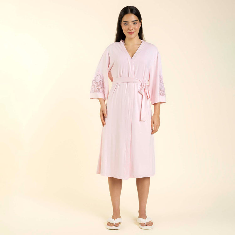 Robe Feminino Midi Rosa Suave com Renda
