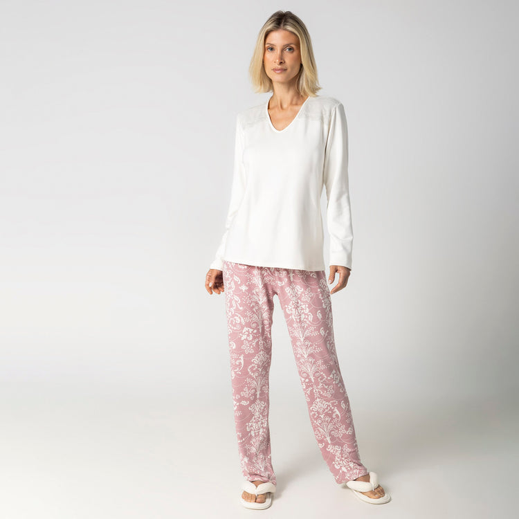 Pijama Feminino Longo Rosê Art Nouveau com Renda
