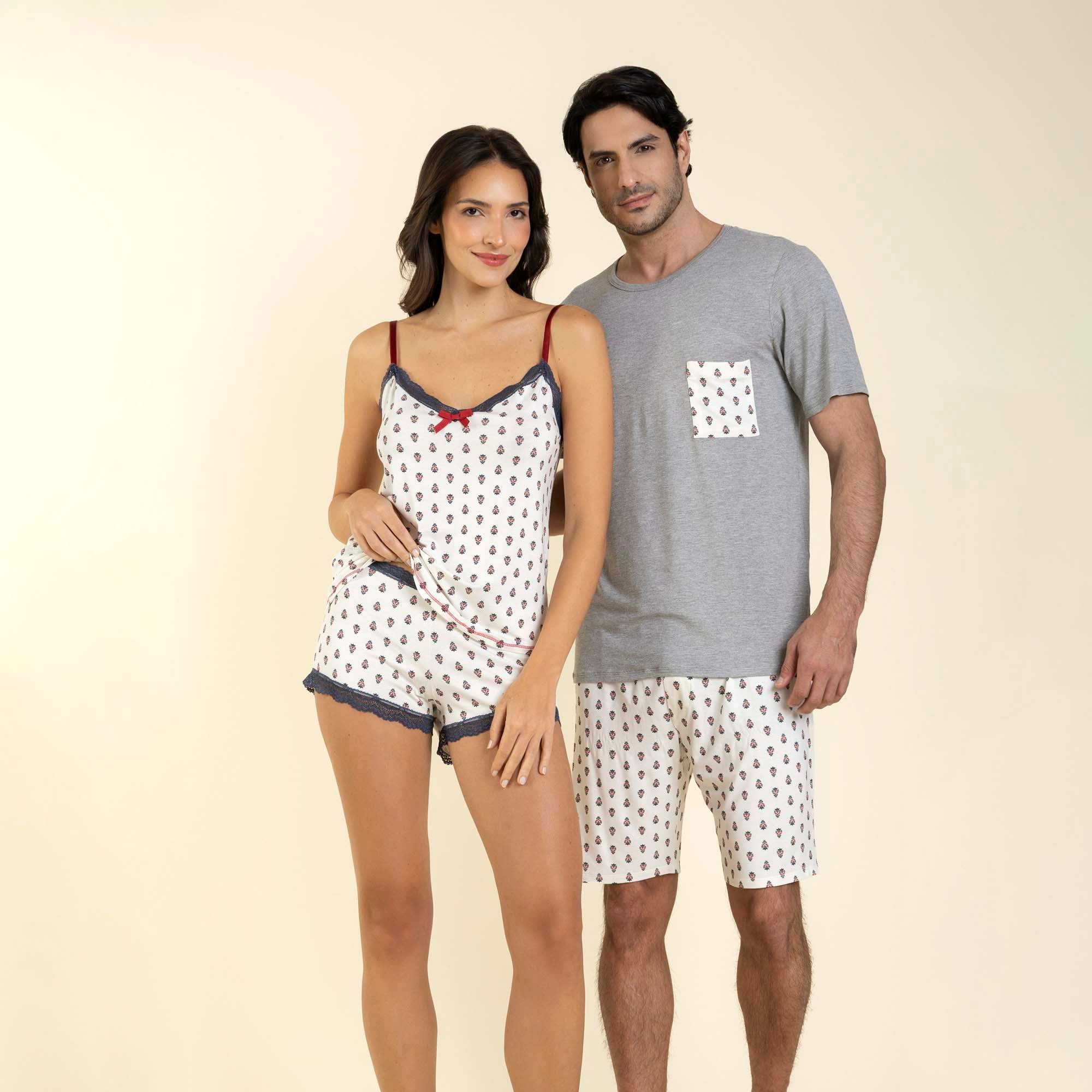 Short Doll de Alça Branco Floral Estilizado com Renda