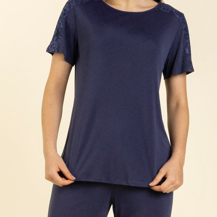 Pijama Feminino Capri Poliamida Marinho com Renda