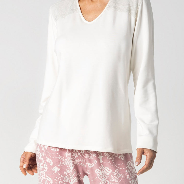 Pijama Feminino Longo Rosê Art Nouveau com Renda