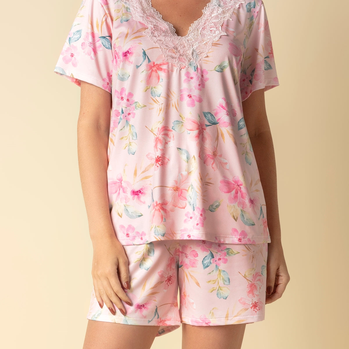 Pijama Feminino Curto Rosa Floral Bisol