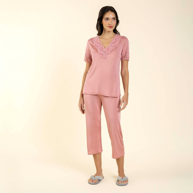 Pijama Feminino Capri Rosa Cerejeira com Renda