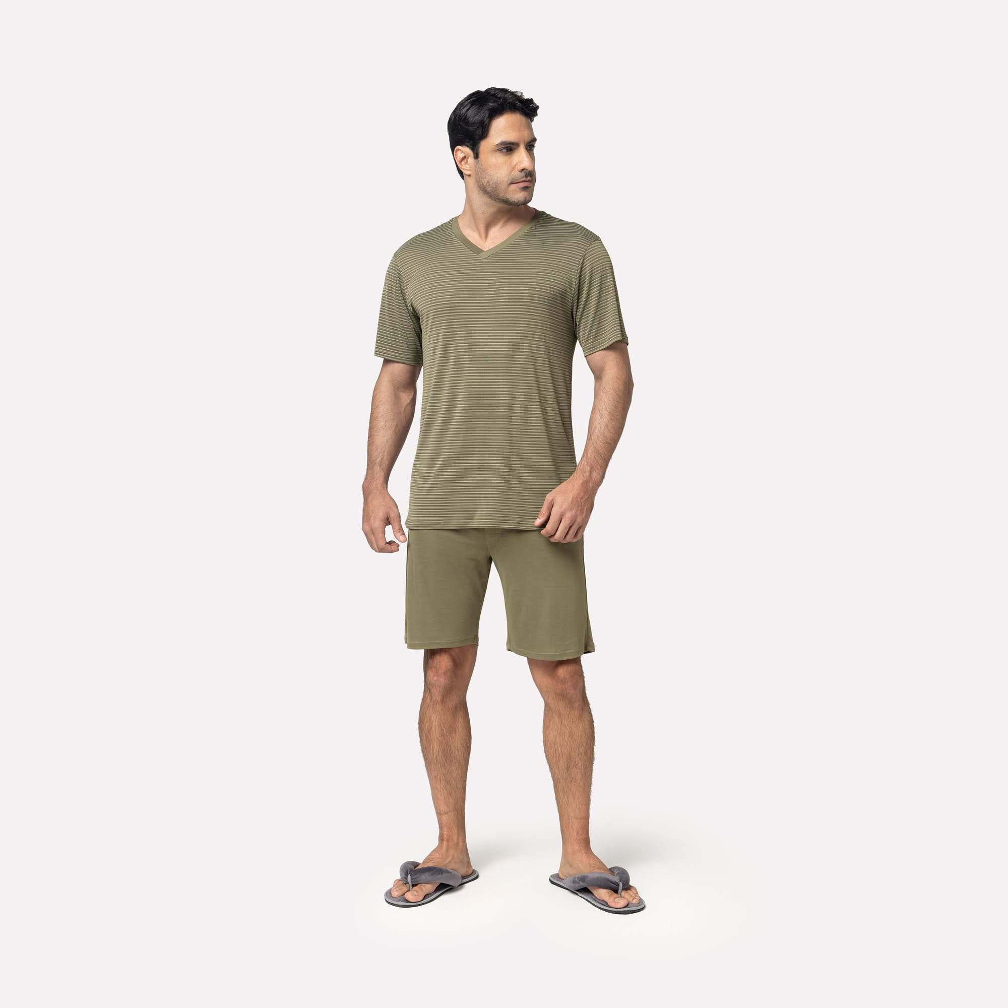 Pijama Masculino Curto Listrado Verde Oliva
