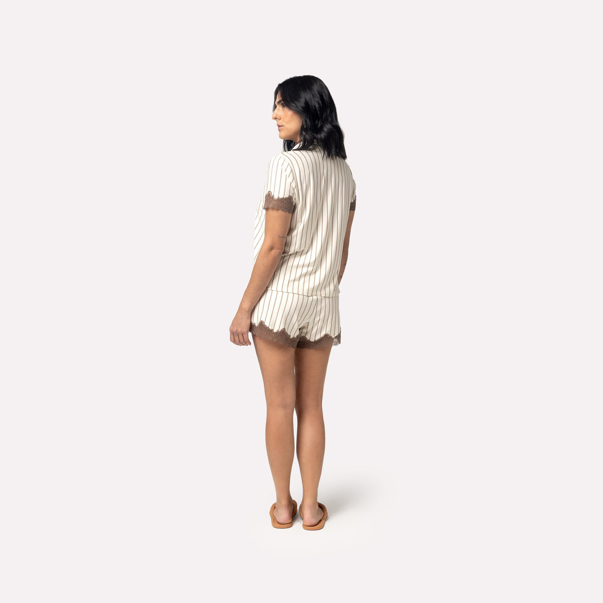 Pijama Feminino Curto Aberto Listrado Khaki