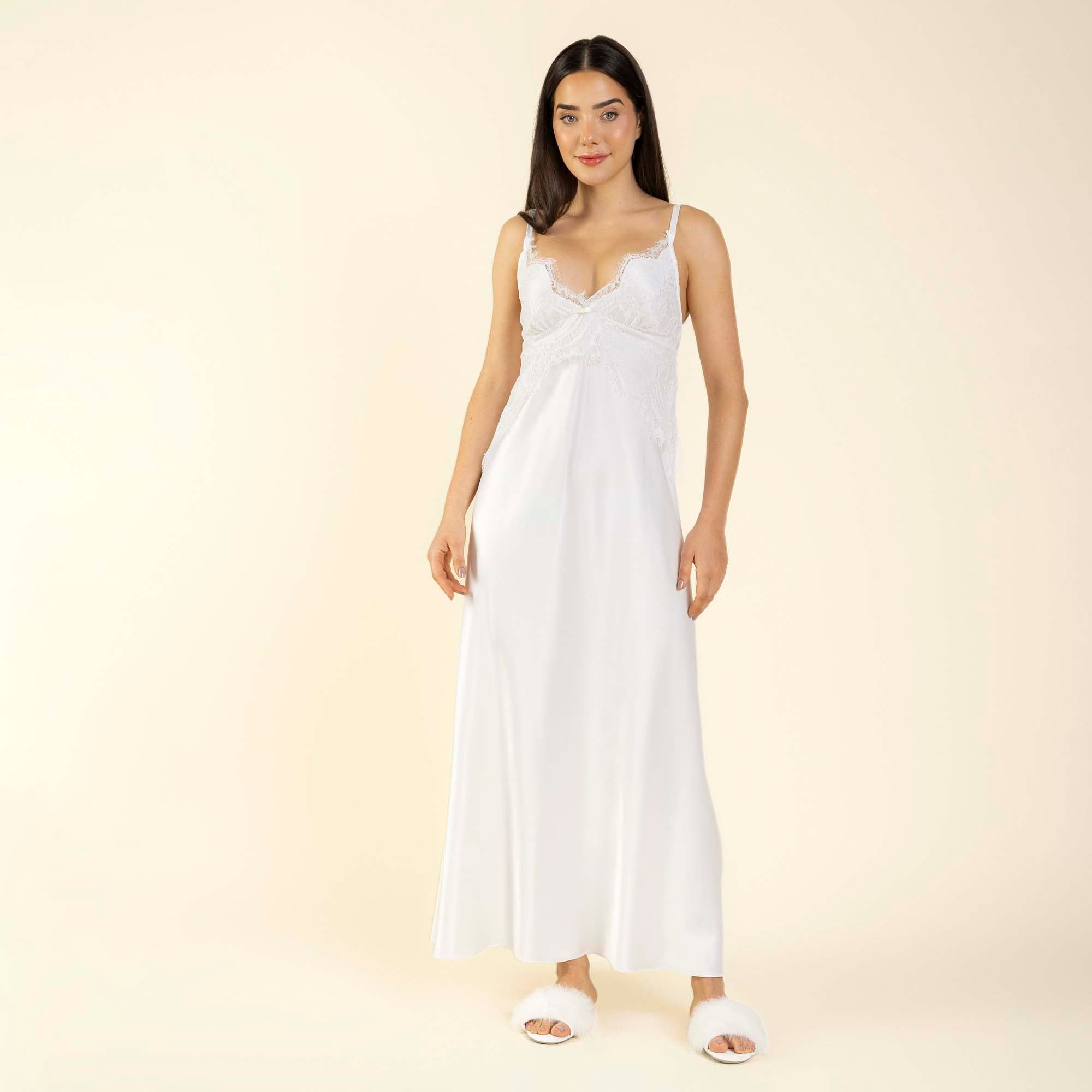 Camisola Longa Cetim Dull Off White Rendado