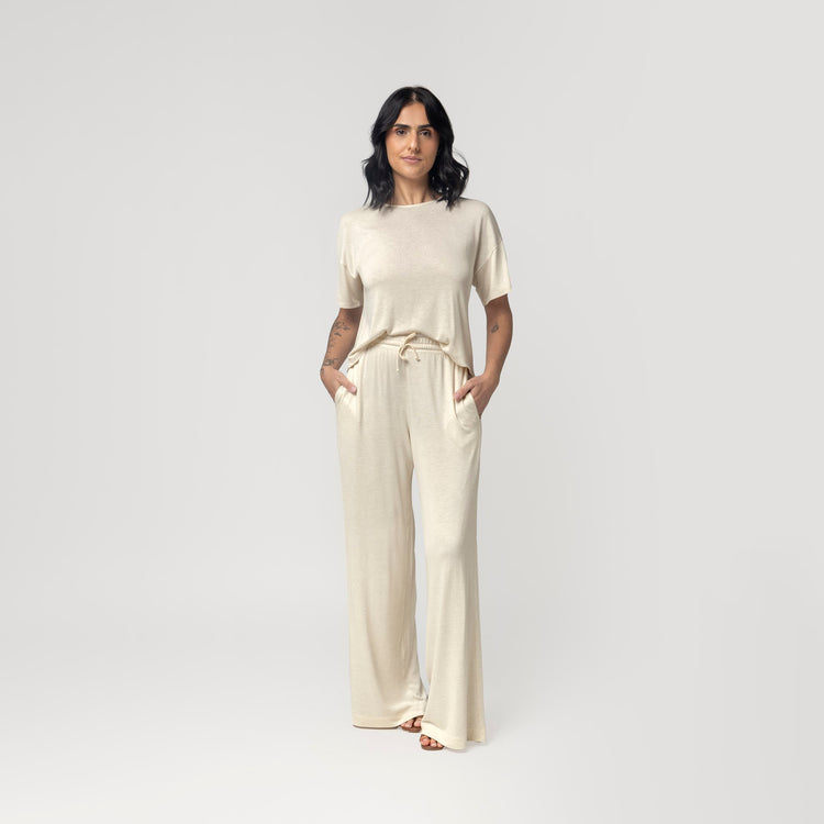 Conjunto Feminino Manga Curta Bege com Bolso
