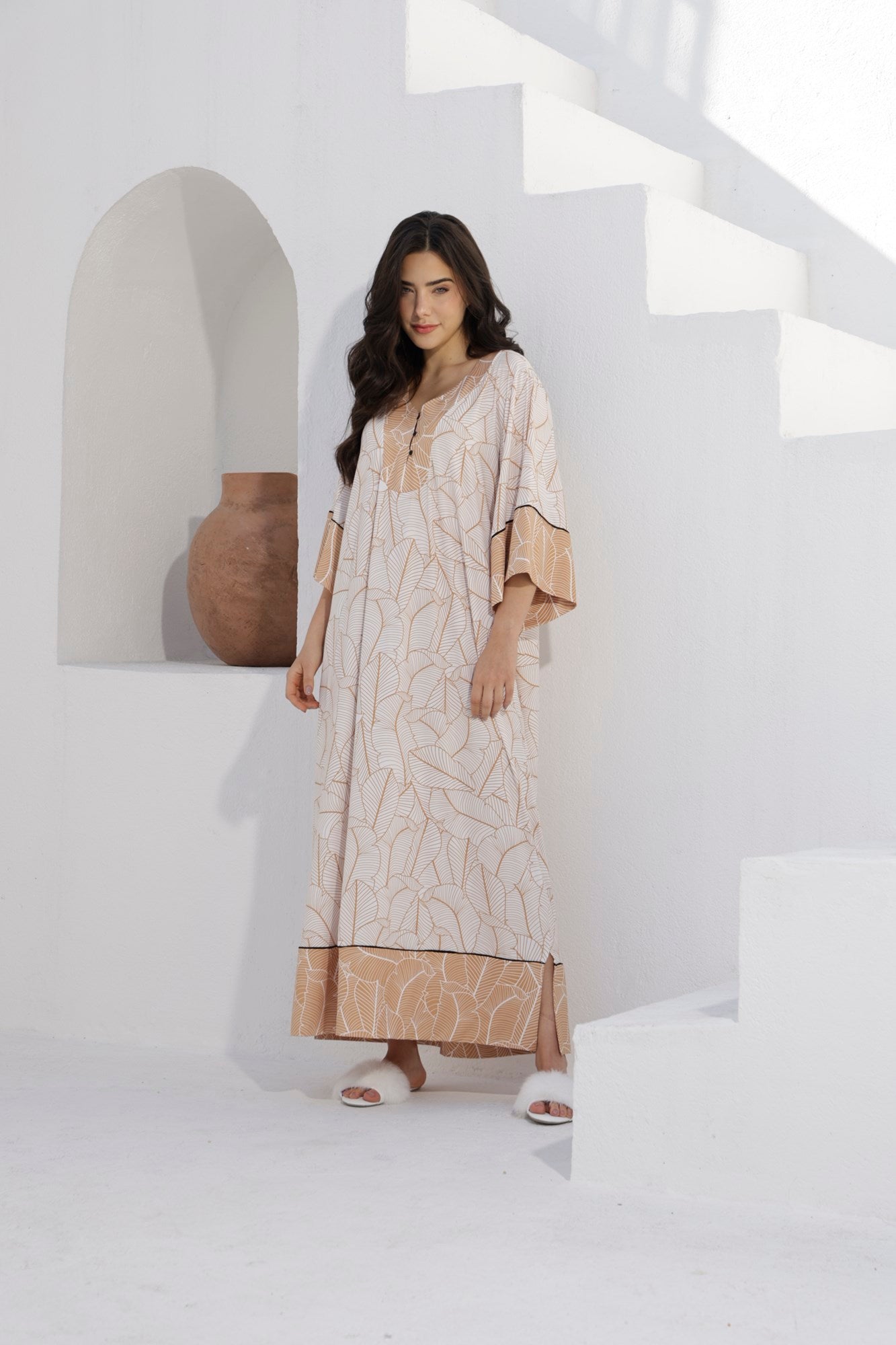 Kaftan Feminino Longo Folha Off White e Gold
