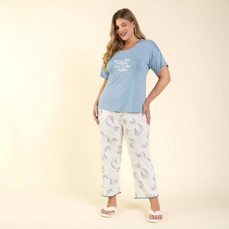 Pijama Feminino Pantacourt Plus Size Azul Sereia