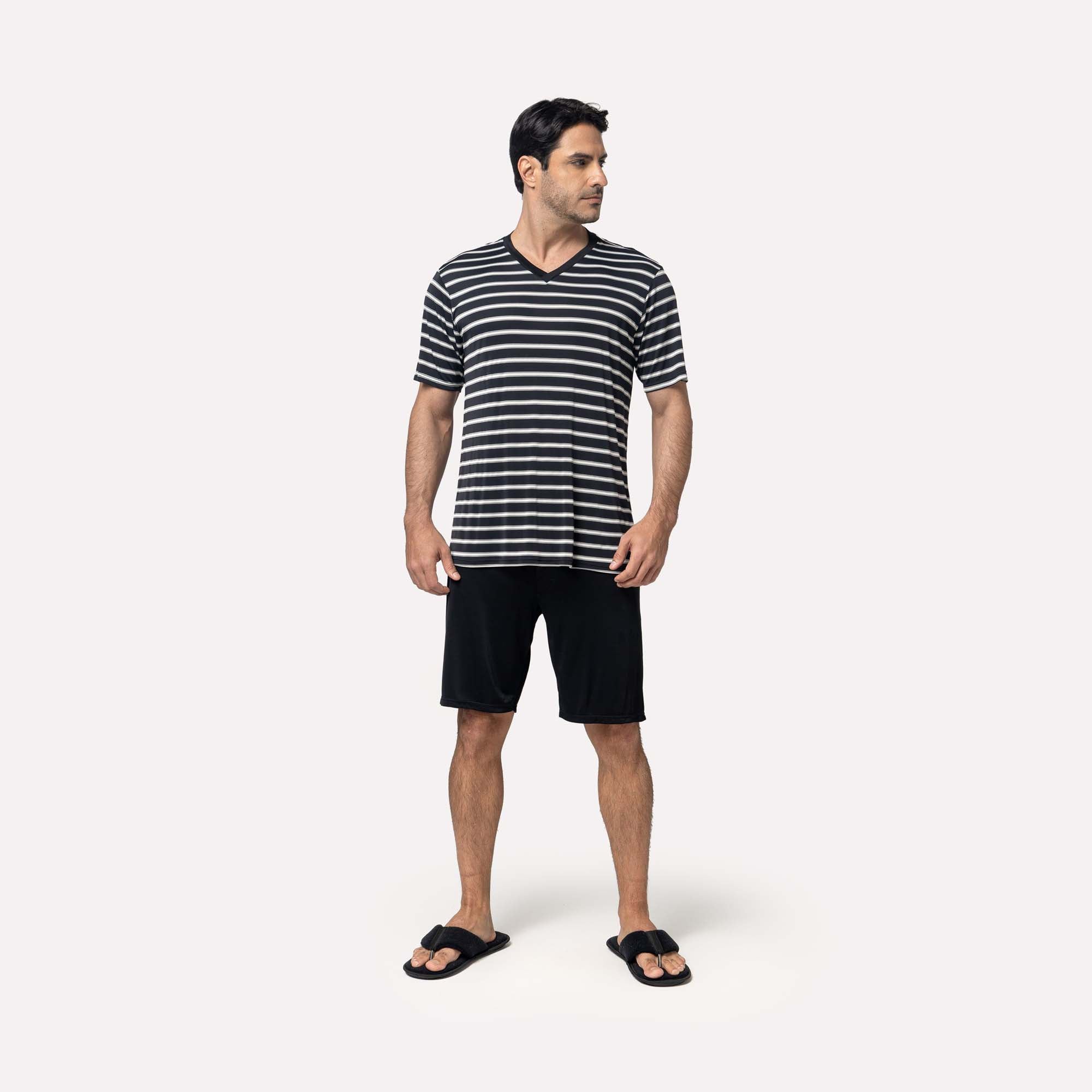 Pijama Masculino Manga Curta Listrado Preto