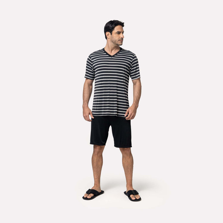 Pijama Masculino Manga Curta Listrado Preto
