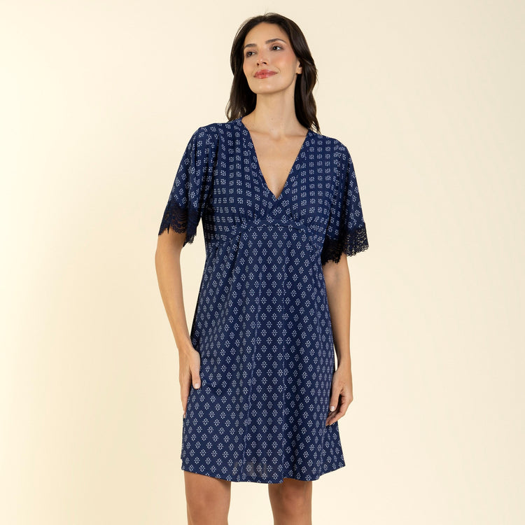 Kaftan Feminino Curto Poliamida Gravataria Marinho com Renda