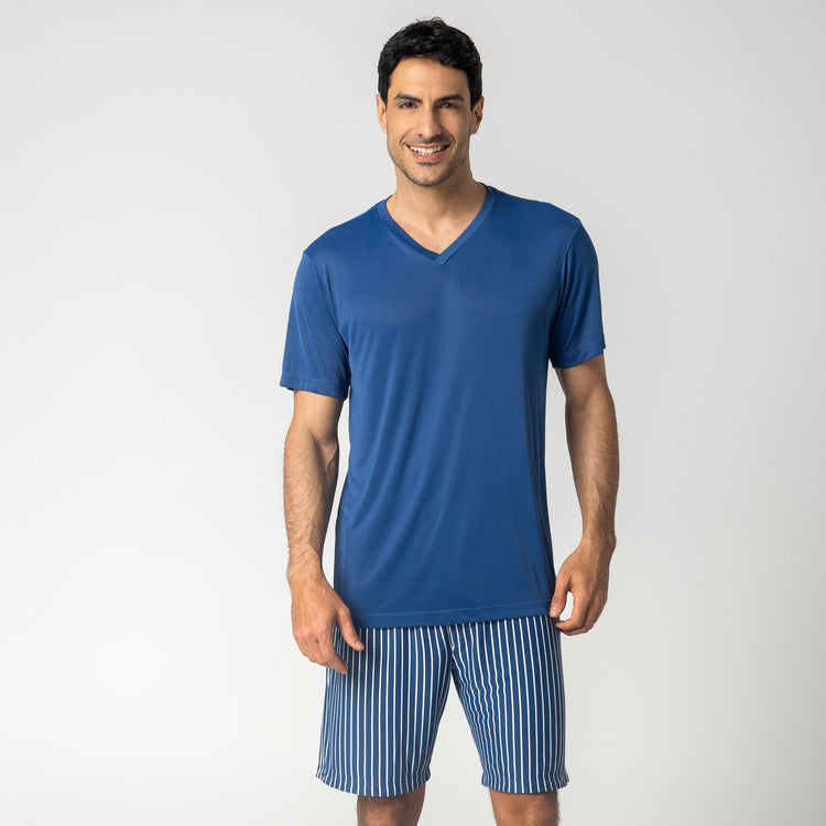 Pijama Masculino Curto Listrado Azul Atalaia