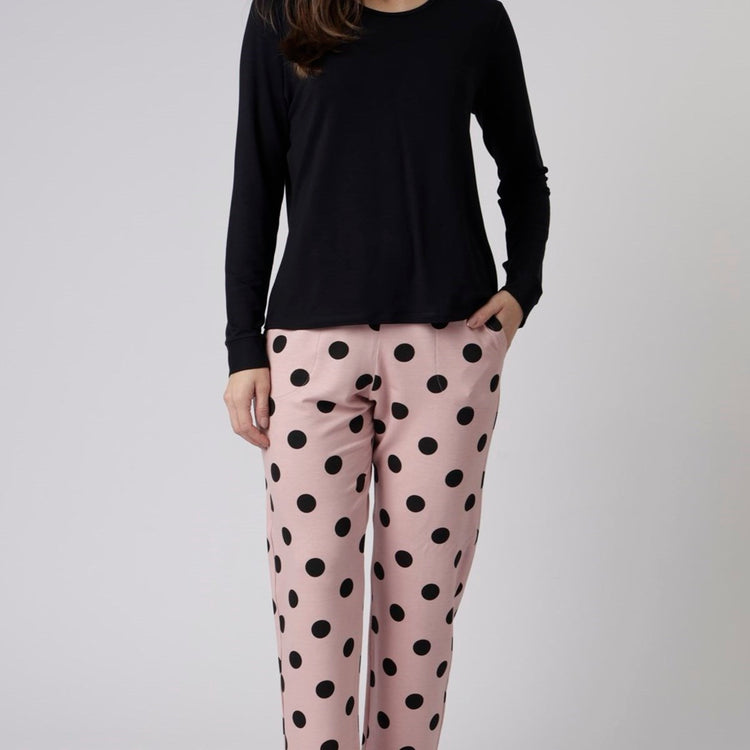 Pijama Feminino Longo Preta e Poá Rosa Lingerie