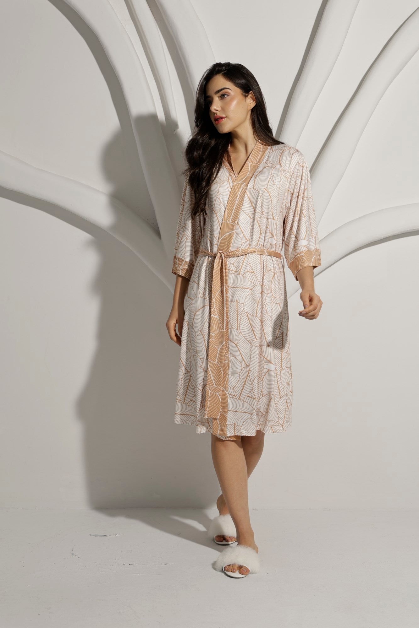 Robe Feminino Midi Folha Off White e Gold