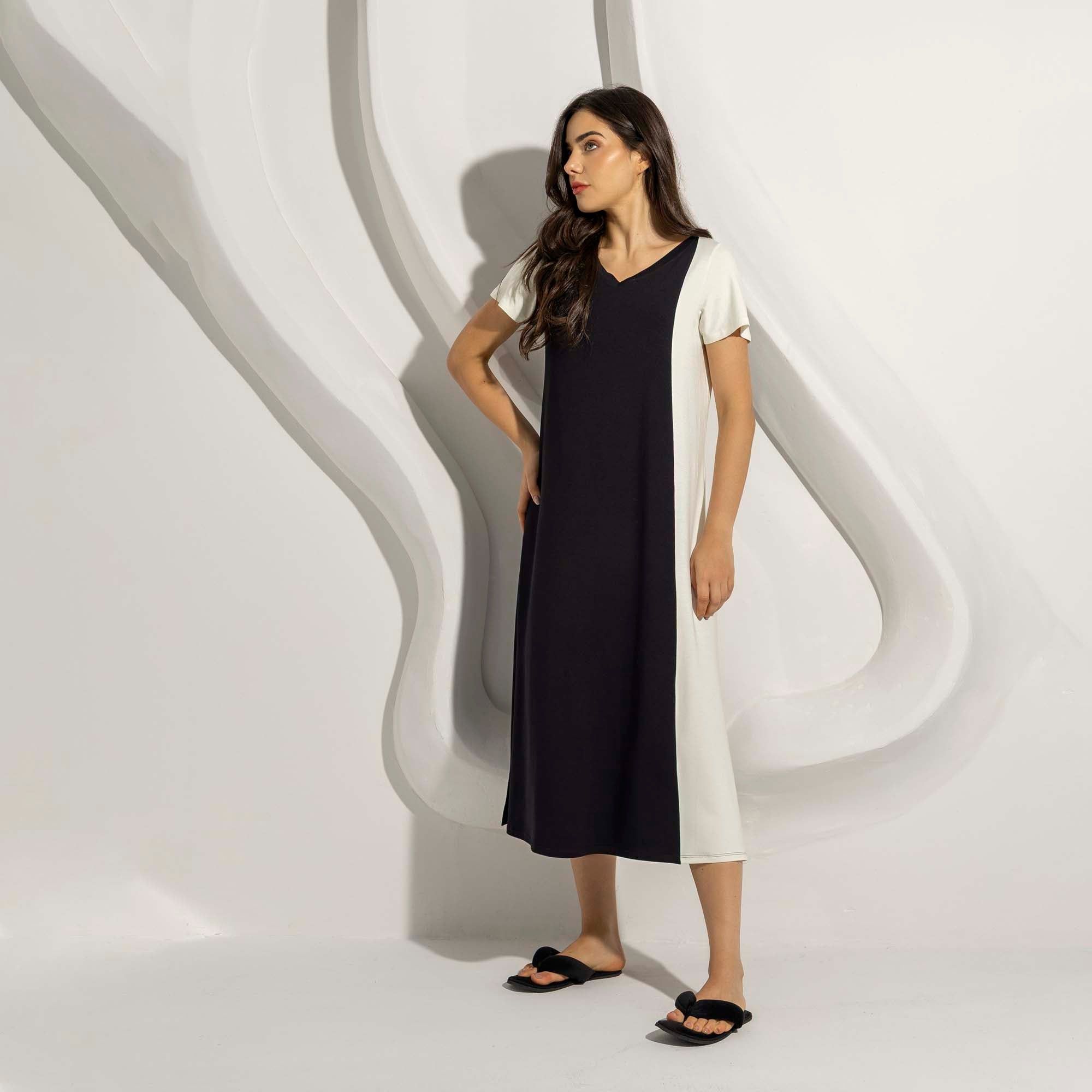 Kaftan Feminino Midi Preto com Off White