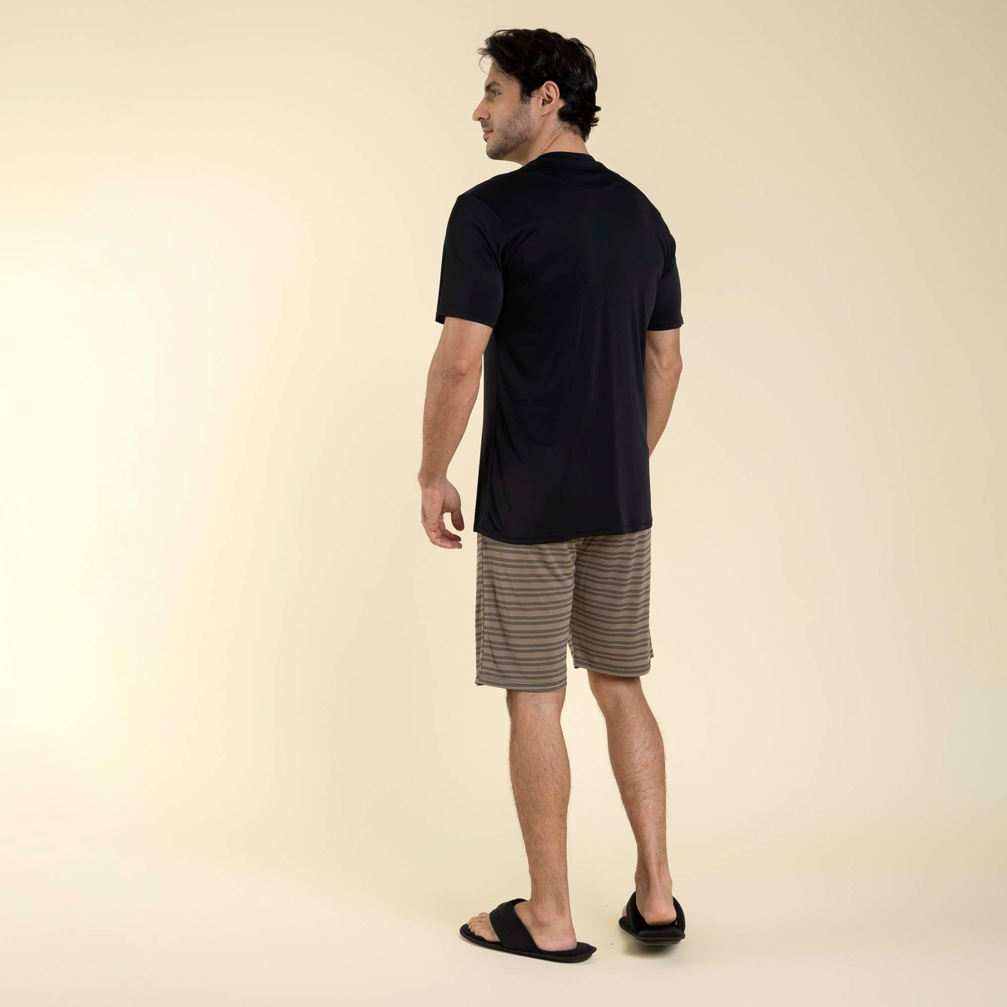 Pijama Masculino Curto Poliamida Listrado Caqui