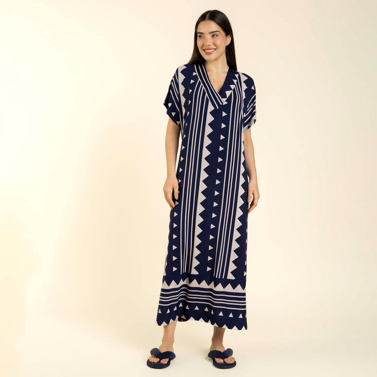 Kaftan Feminino Longo Geometric Marinho