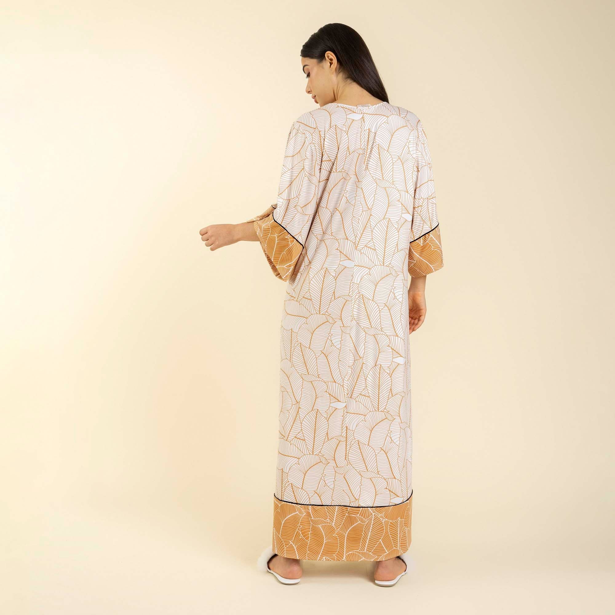 Kaftan Feminino Longo Folha Off White e Gold