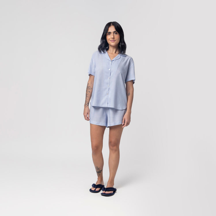 Pijama Feminino Curto Aberto Listrado Azul Marinho