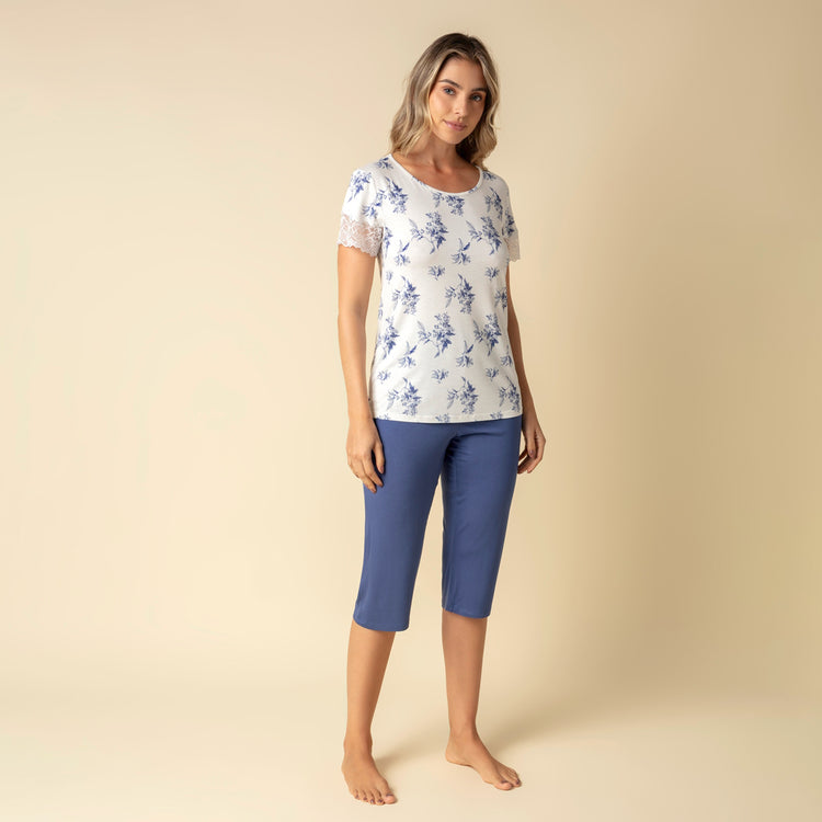 Pijama Feminino Capri Azul Orquídeas