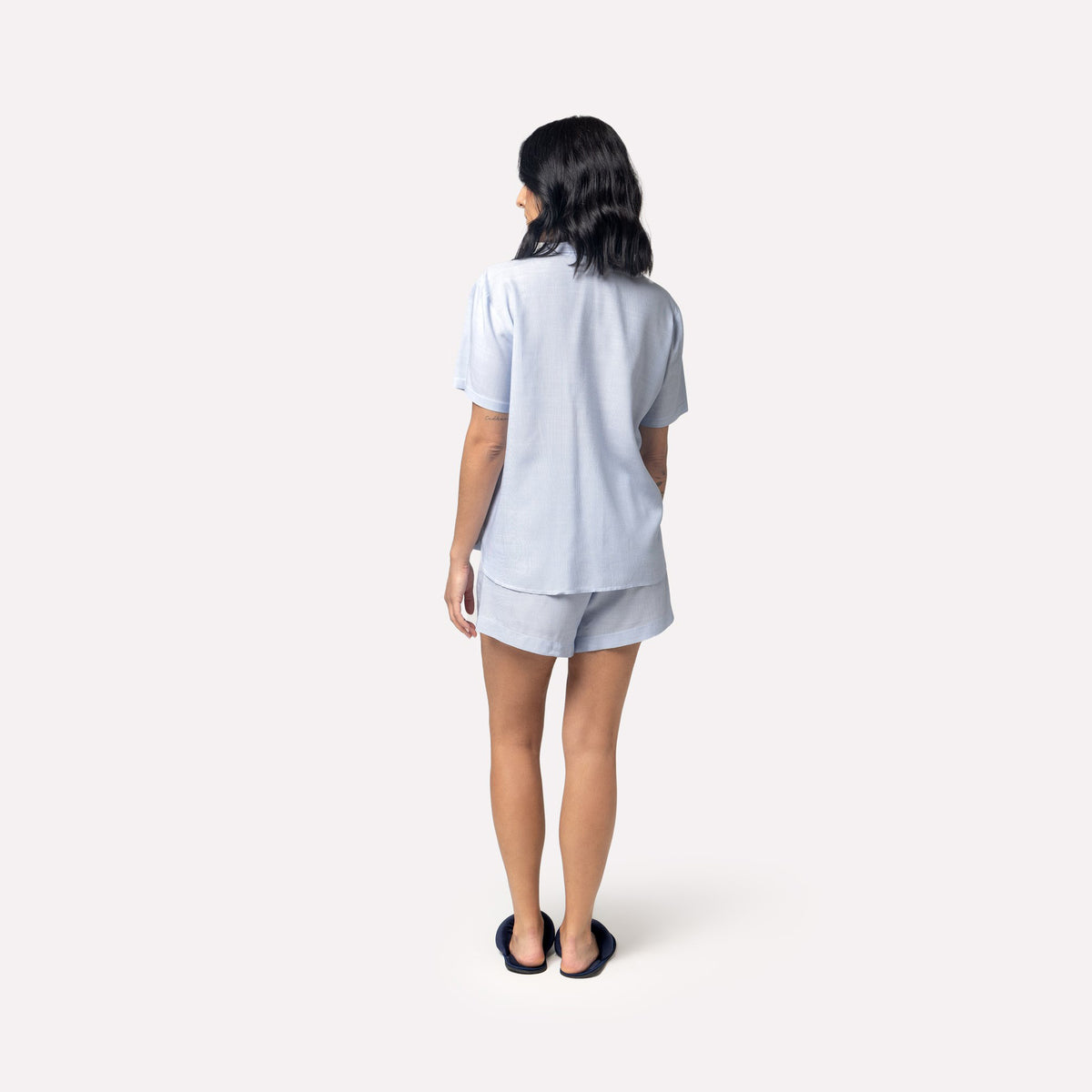 Pijama Feminino Curto Aberto Listrado Azul Marinho