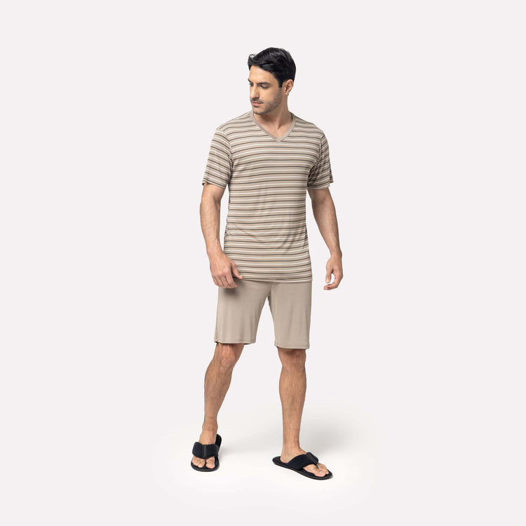 Pijama Masculino Curto Listrado Castanho