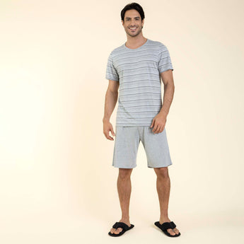 Pijama Masculino Curto Visco Listrado Mescla Claro