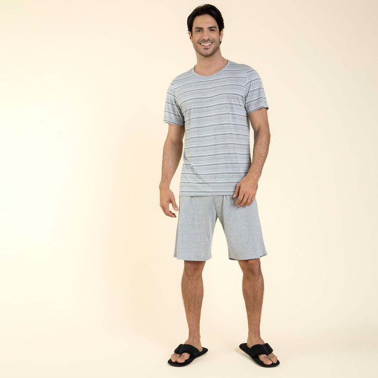 Pijama Masculino Curto Visco Listrado Mescla Claro