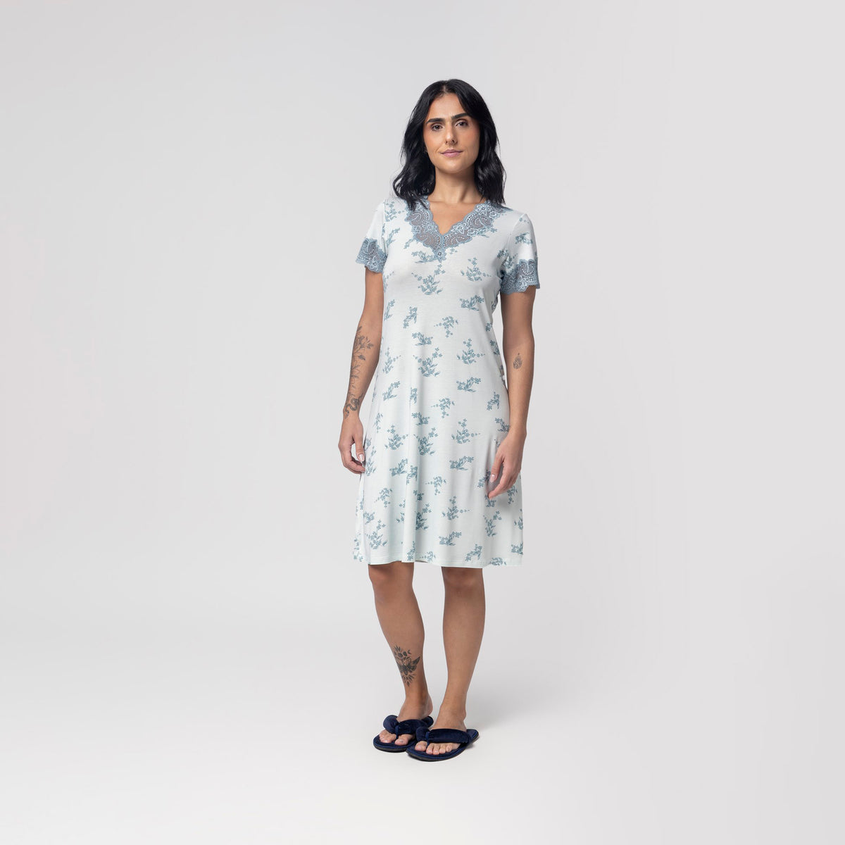 Camisão Feminino Blue Garden com Renda